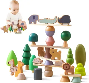 Wooden Animal Forest Balance Stacking Toy Set 36PCS Wood Miniature Tree Blocks Set Elegant Ornaments for Home Decor Wooden Mini Trees Animals Balance Toy for Toddler 36 Months 