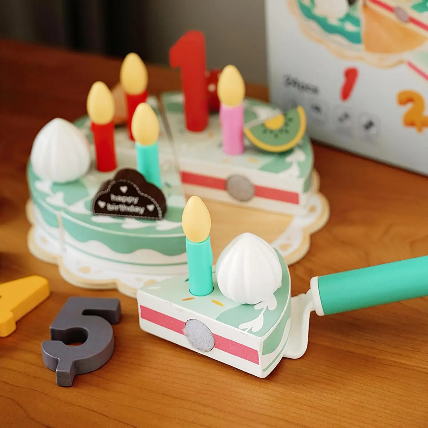 Wooden Birthday Cake Play Food Set Toys, Pretend Play Kids Tea Party Set for Little Girls Toddlers, Montessori Wooden Play Kitchen Accessories Sets for Kids (Birthday Cake)