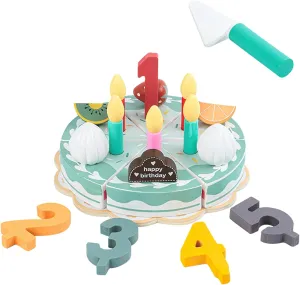 Wooden Birthday Cake Play Food Set Toys, Pretend Play Kids Tea Party Set for Little Girls Toddlers, Montessori Wooden Play Kitchen Accessories Sets for Kids (Birthday Cake)