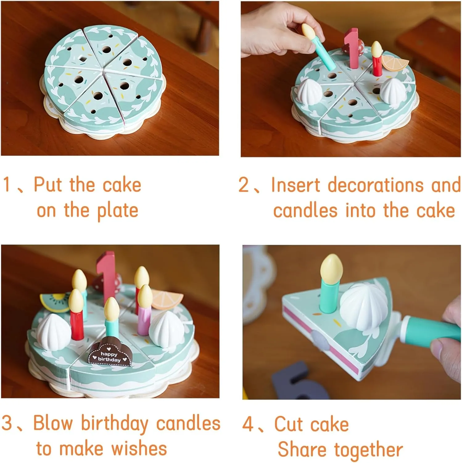 Wooden Birthday Cake Play Food Set Toys, Pretend Play Kids Tea Party Set for Little Girls Toddlers, Montessori Wooden Play Kitchen Accessories Sets for Kids (Birthday Cake)
