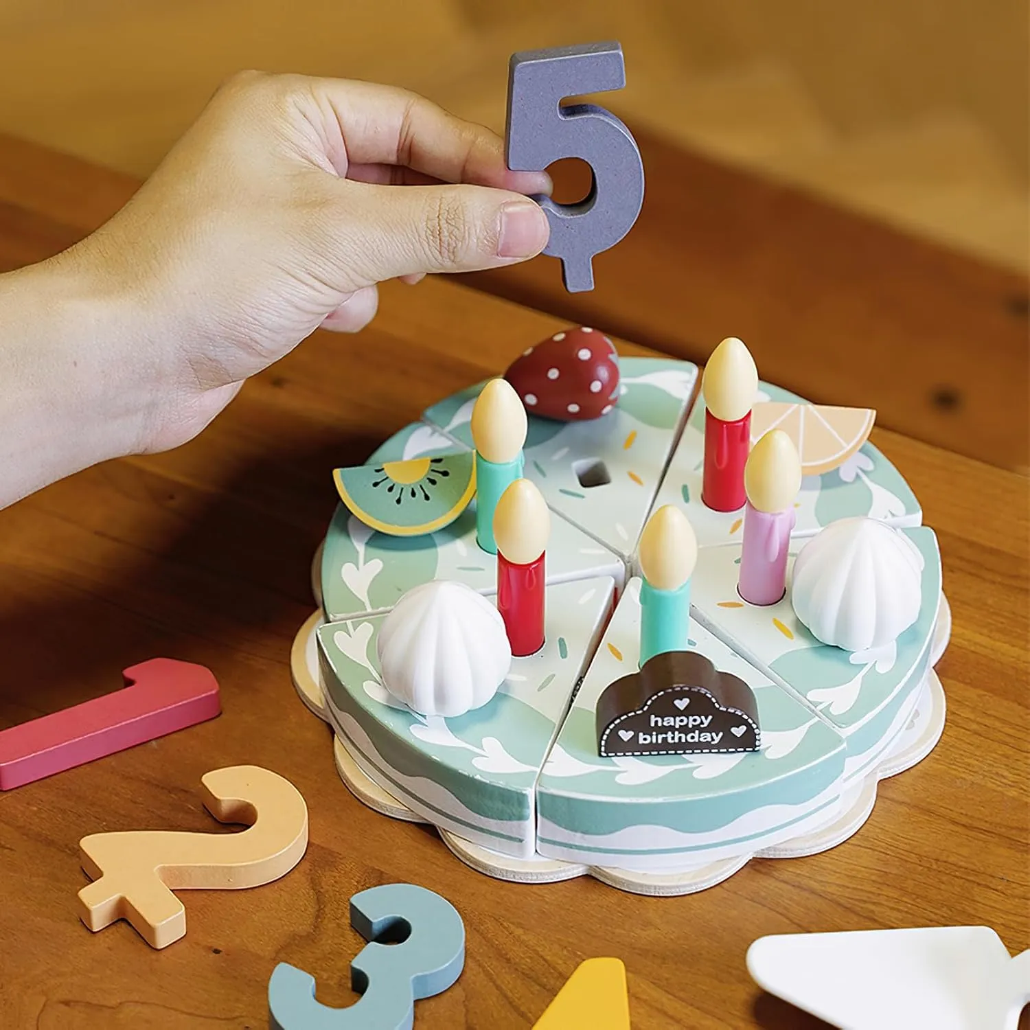 Wooden Birthday Cake Play Food Set Toys, Pretend Play Kids Tea Party Set for Little Girls Toddlers, Montessori Wooden Play Kitchen Accessories Sets for Kids (Birthday Cake)