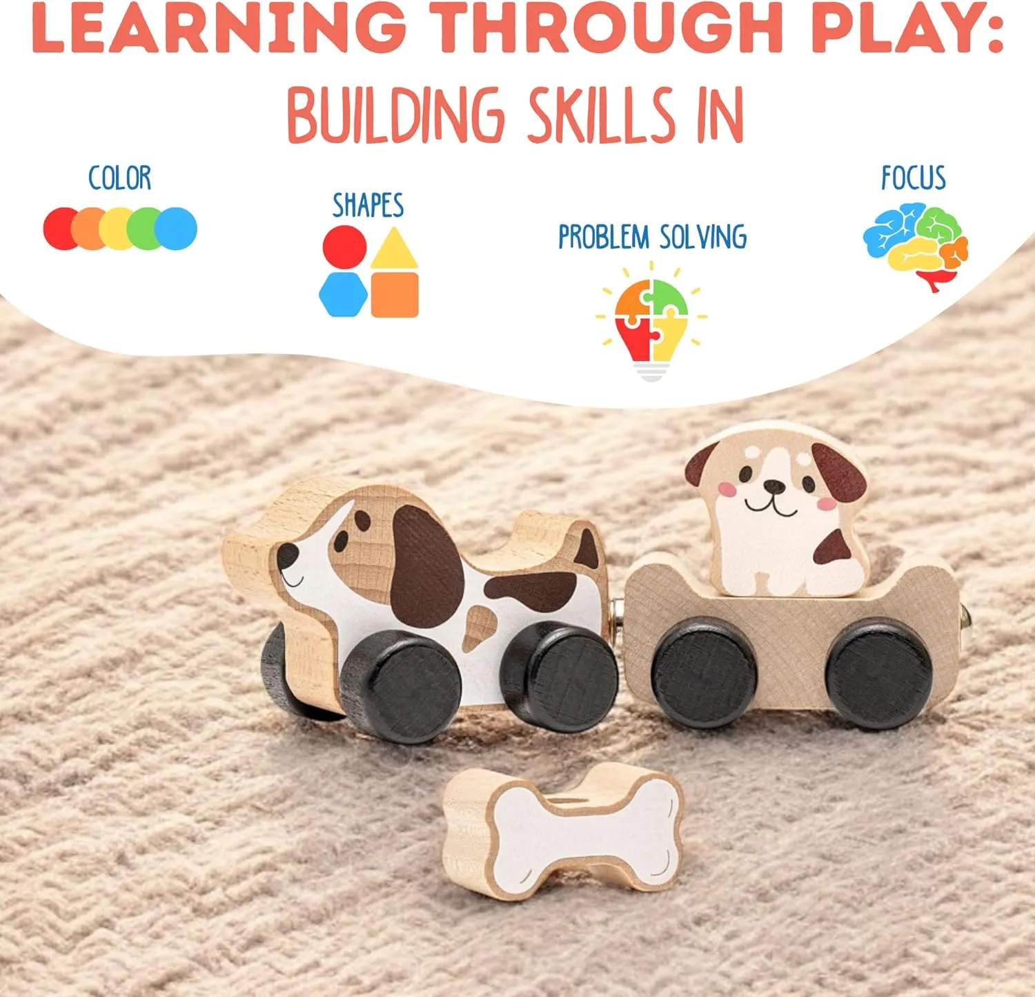 Wooden Clever Puppies Train Toy – Magnetic Dog-Themed Wood Toy Playset for Toddlers 18 Months  – Montessori Toy for Fine Motor Skills and Imaginative Play