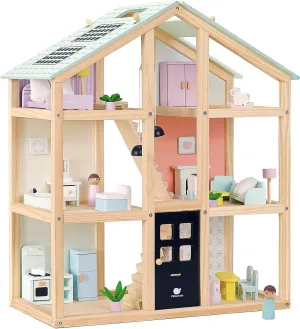 Wooden Dollhouse, Doll House with 38Pcs Furniture Accessories,3 Story Large Doll House, 6 Rooms Pretend Dollhouse, Gift for Girl Ages 3 