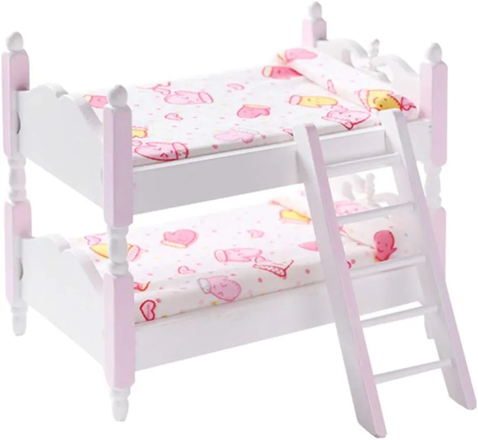 Wooden Dollhouse Furniture 1/12 Scale Dollhouse Baby Bunk Bed with Ladder for Miniature Dollhouse Accessories