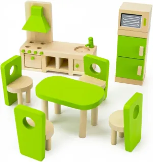 Wooden Dollhouse Furniture|Made of Safe Wood and Bright Water-Based Paint|Compatible with Most Doll Houses|Eat-in Kitchen