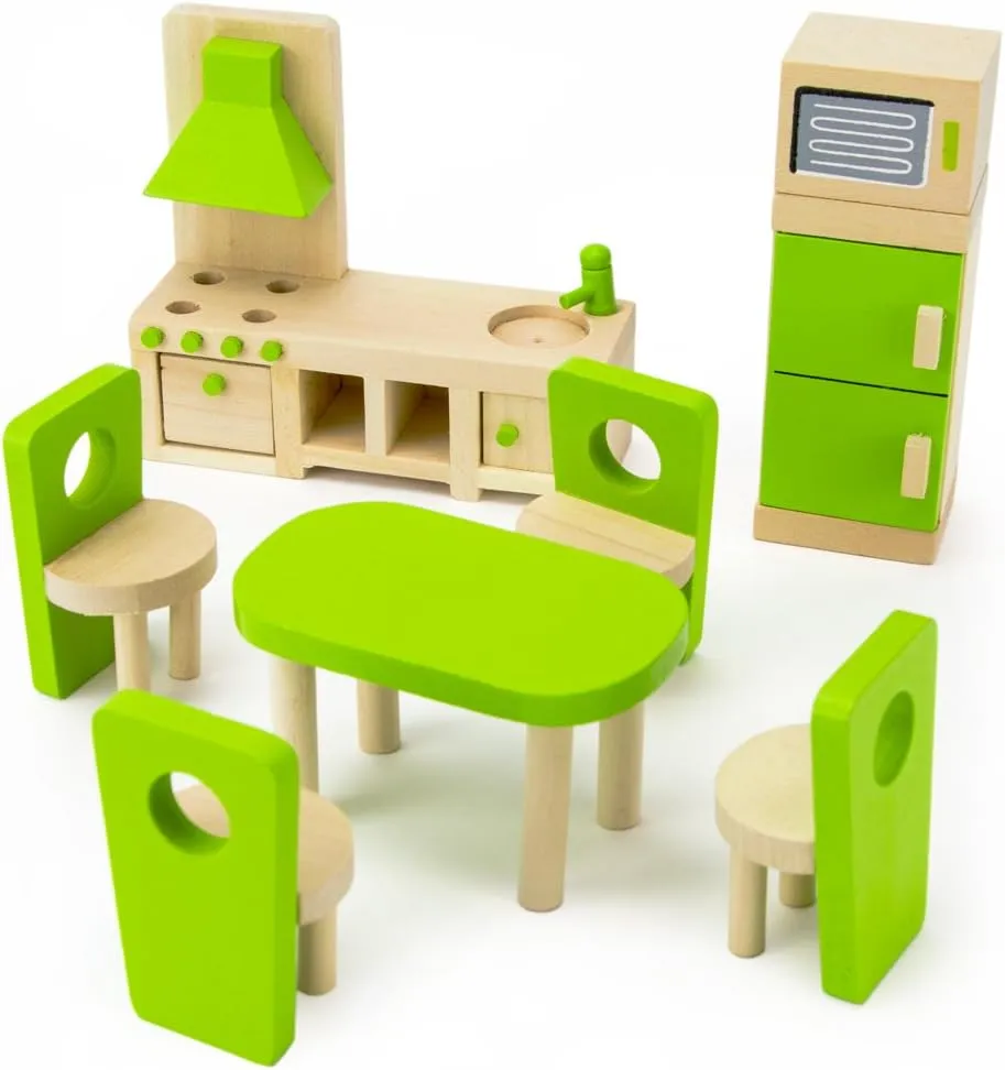 Wooden Dollhouse Furniture|Made of Safe Wood and Bright Water-Based Paint|Compatible with Most Doll Houses|Eat-in Kitchen