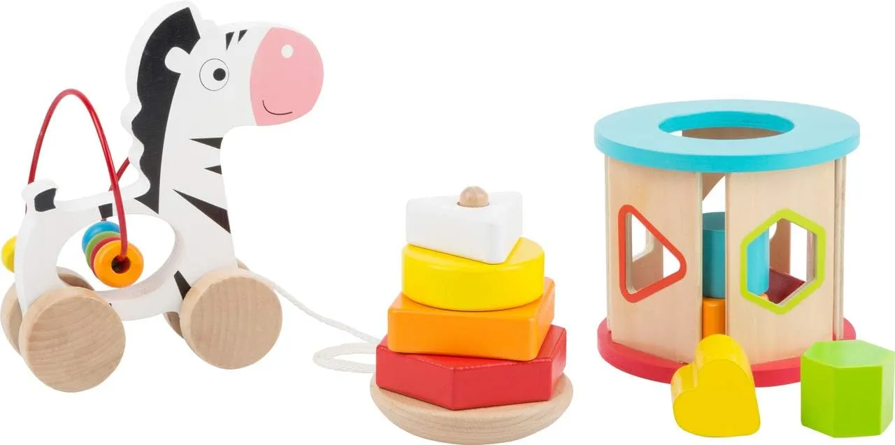 Wooden Toys Motor Skills Toy Playset Collection with Pull-Along Zebra, Stacking Tower & Shape Sorting Games Designed for Children 12  Months, Multi (11106)
