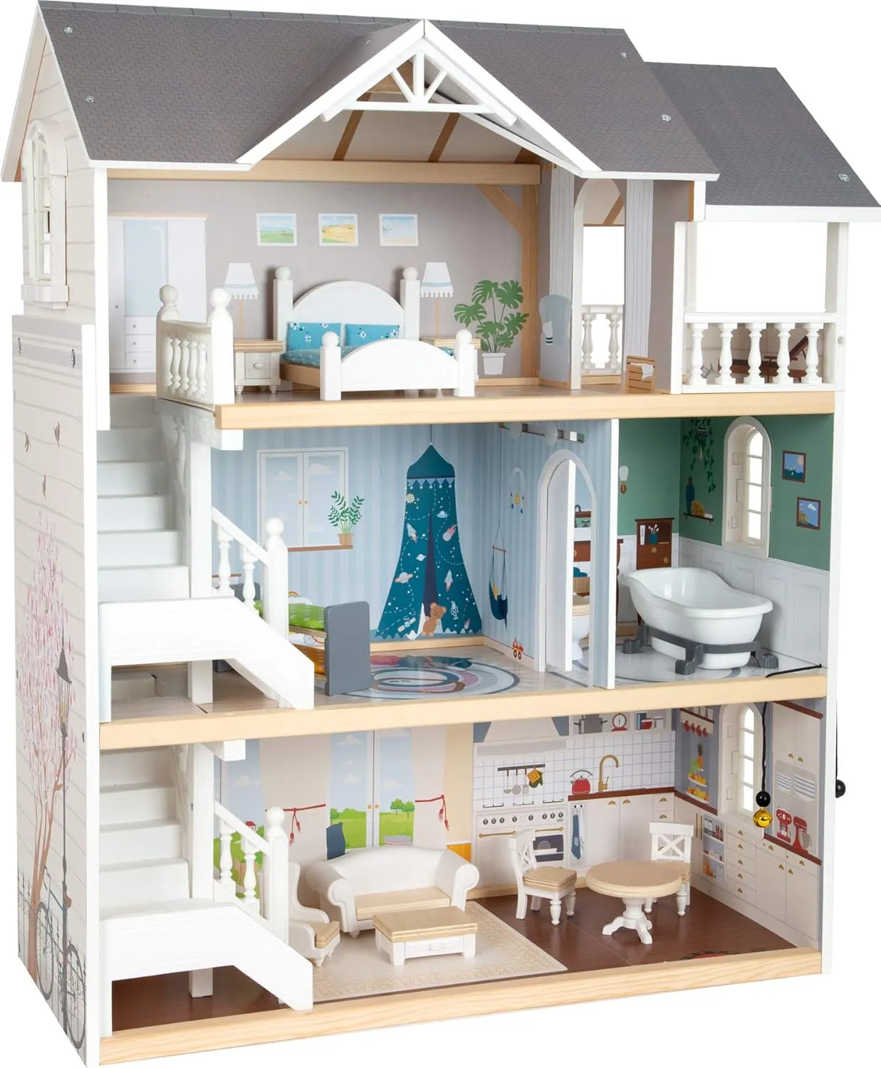 Wooden Toys Urban Villa Doll House Playset Collection Designed for Children Ages 3  Years, Gray (11802), 82 x 51.1 x 15 cm