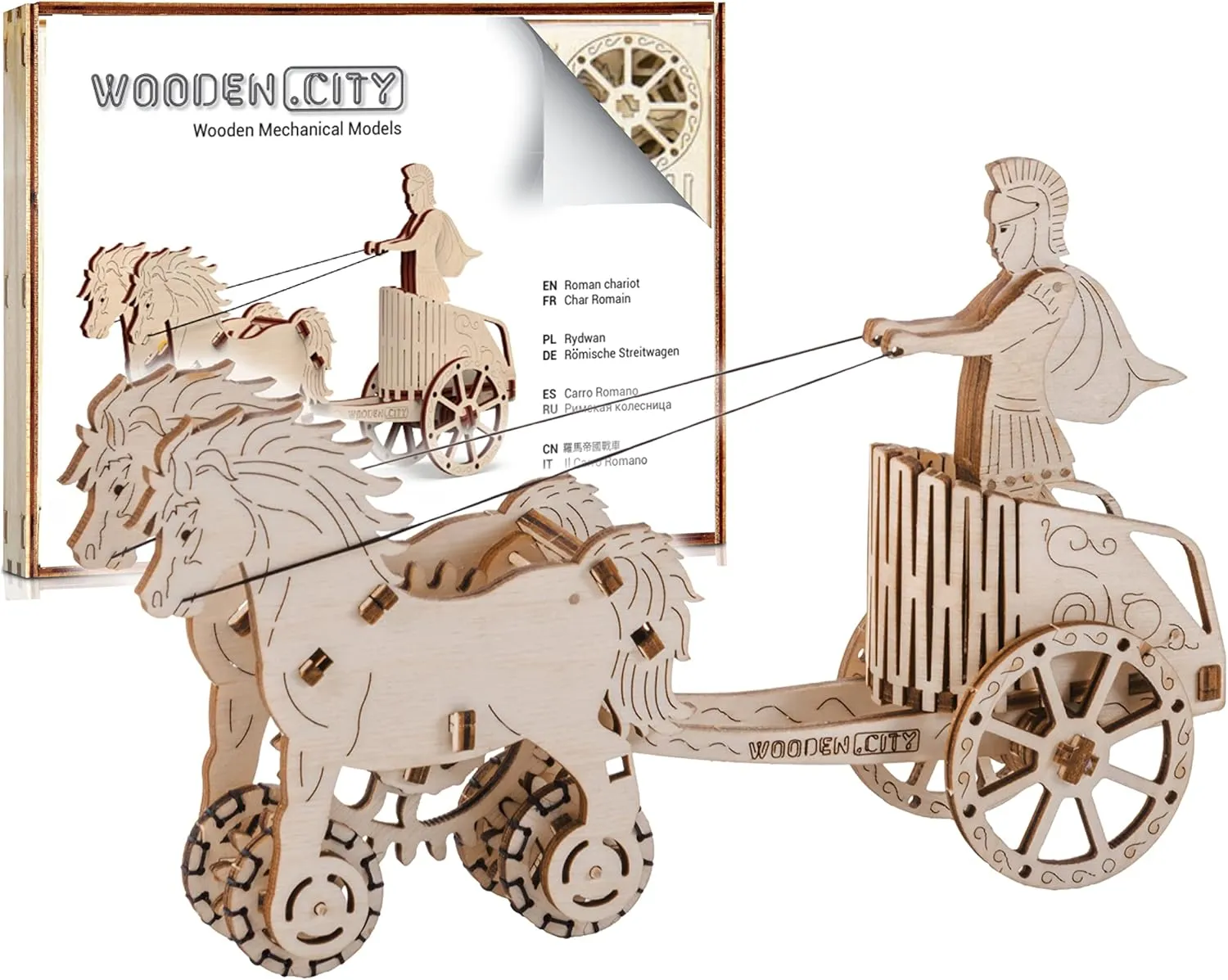 WOODEN.CITY Roman Chariot - 3D Wooden Model Kit for Adults - Roman Warrior & Horse - Portable, Small, Antique Style