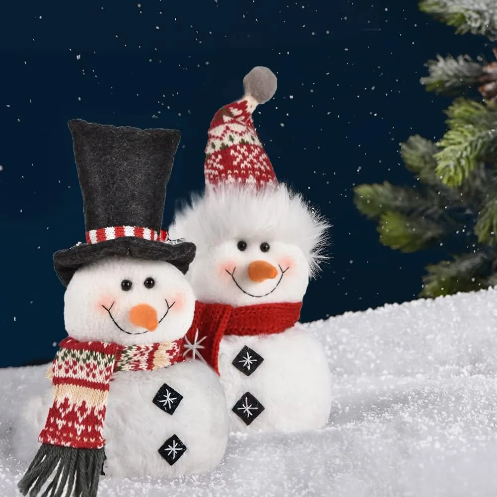 WORLDECO1 Pair Christmas Snowman 2024 Indoor Decorations, Xmas Animated Plush-Knit Collectible Plush Doll, Adjustable Red Bowler Pointed Hat, Home Holiday Ornaments 2 pcs 9.4 inch
