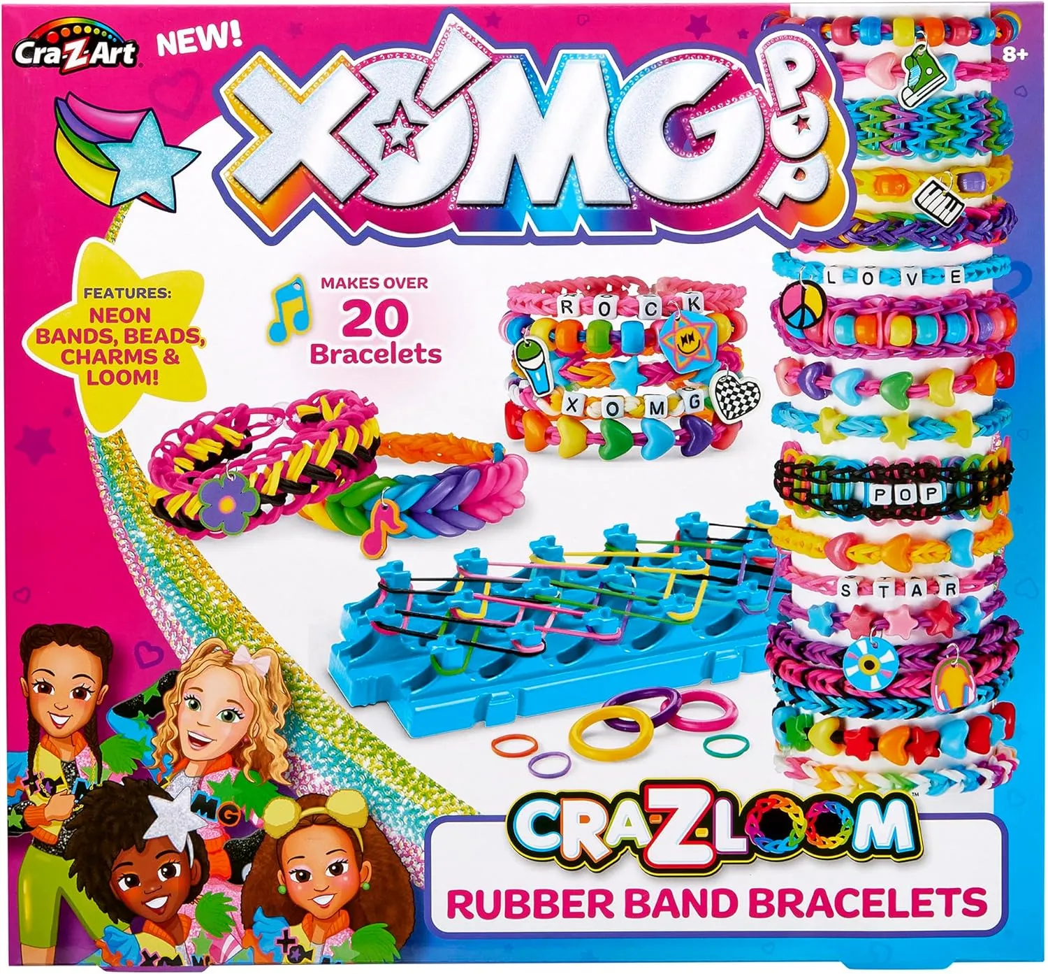 XOMG POP! CRA-Z-Loom Rubber Band Bracelet Maker Kit with Neon Bands, Beads, Charms and Loom, Gift for Ages 8 and Up