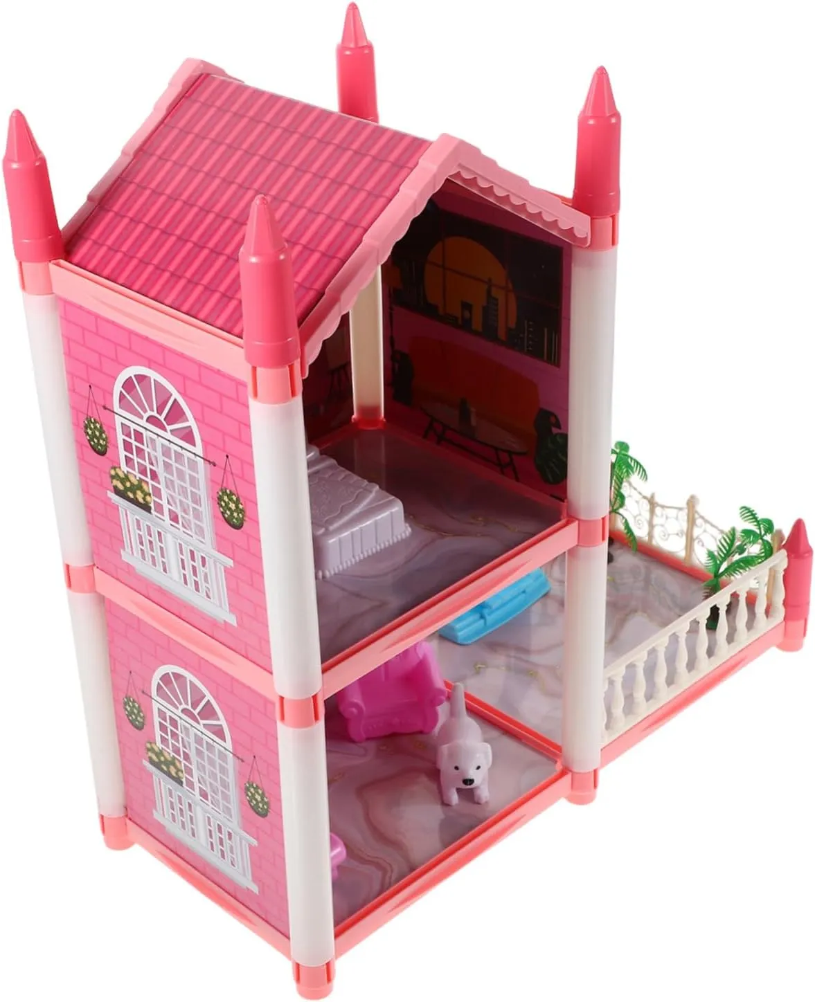 Yardwe 1 Set Dollhouse Kit for Miniature Princess Castle Playhouse with Rooms Terrace Includes Dollhouse Furniture Set Engaging Play for Travel and Organization