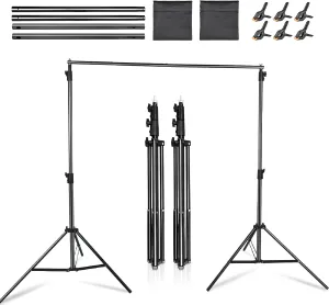 YELANGU Photo Backdrop Stand Kit for Parties: Adjustable, Heavy Duty Backdrop Stand, 8x10ft Photography Backdrop Stand with Banner Stand, Includes 6 Clamps, 2 Sandbags, Portable Bag, Aluminum Alloy