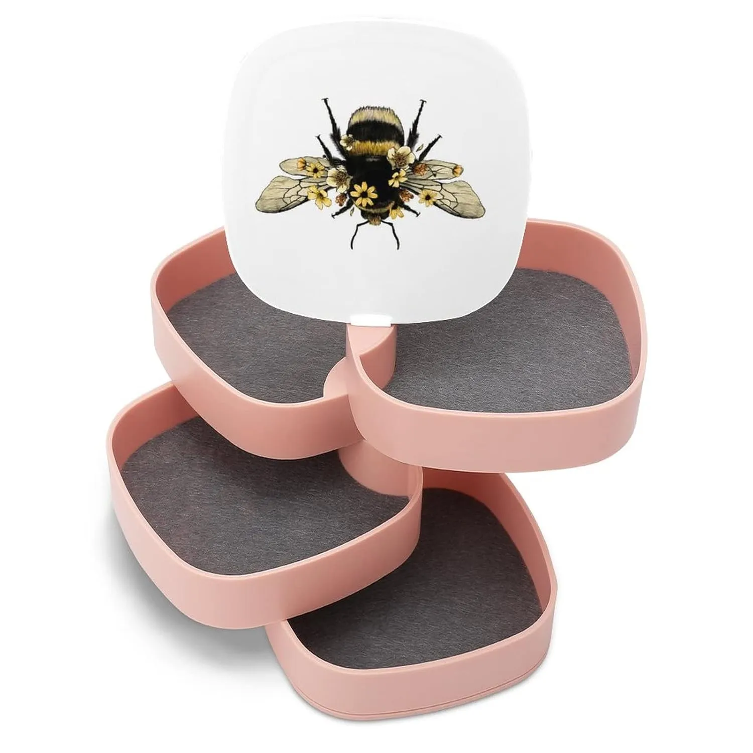 Yellow Fluffy Humblebee with Wings with Yellow Flowers Women Jewelry Box with Mirror, Storage Bag Case for Rings, Necklaces, Bracelets, 360 Degree Rotating 4-layer Tray with Lid