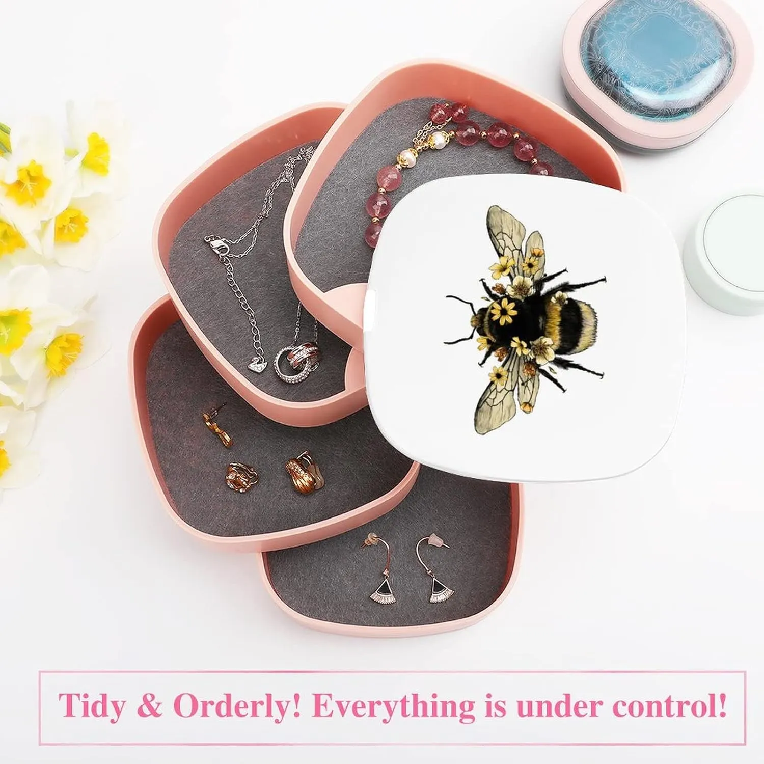 Yellow Fluffy Humblebee with Wings with Yellow Flowers Women Jewelry Box with Mirror, Storage Bag Case for Rings, Necklaces, Bracelets, 360 Degree Rotating 4-layer Tray with Lid