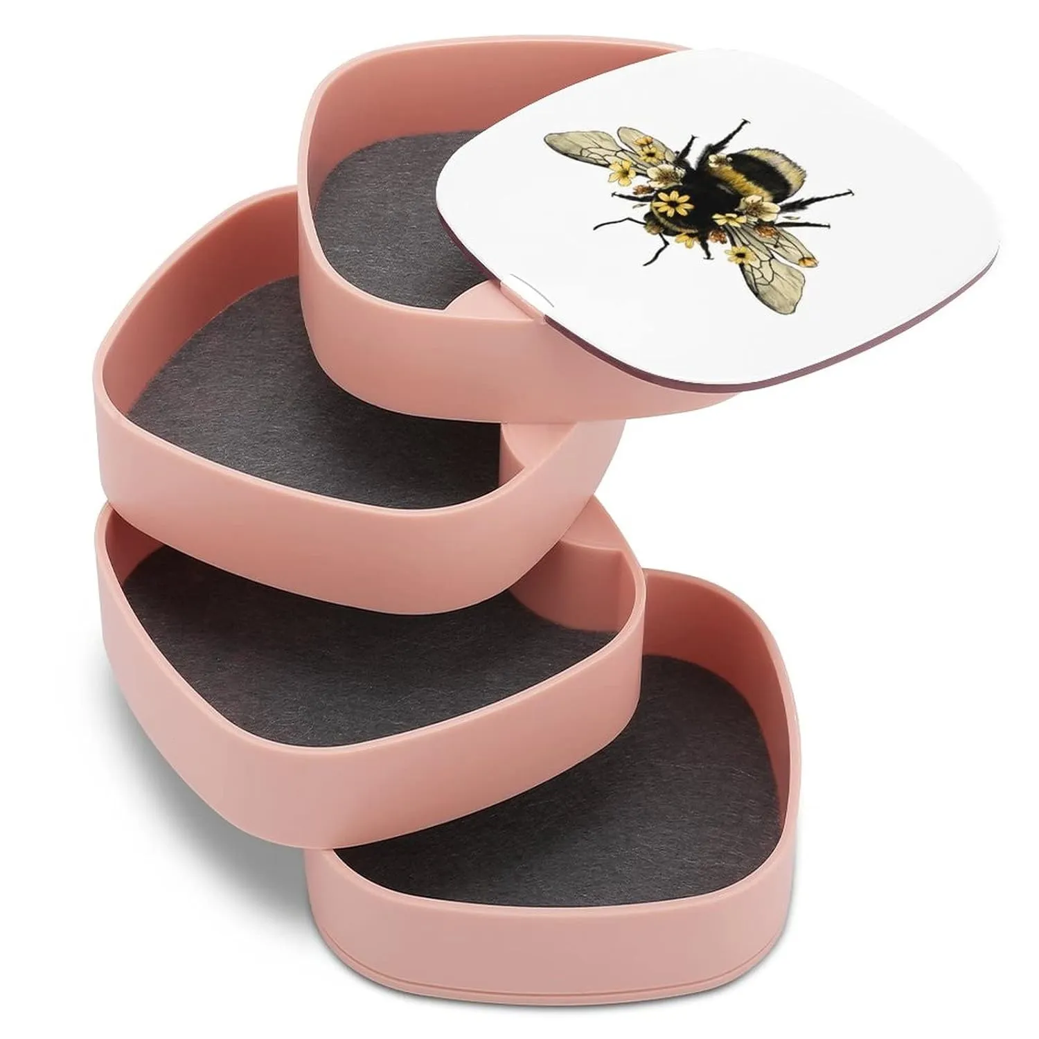 Yellow Fluffy Humblebee with Wings with Yellow Flowers Women Jewelry Box with Mirror, Storage Bag Case for Rings, Necklaces, Bracelets, 360 Degree Rotating 4-layer Tray with Lid