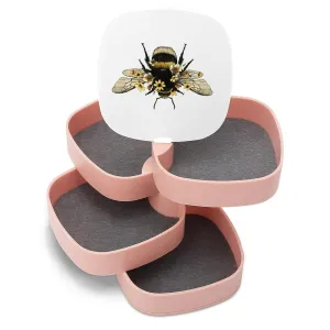 Yellow Fluffy Humblebee with Wings with Yellow Flowers Women Jewelry Box with Mirror, Storage Bag Case for Rings, Necklaces, Bracelets, 360 Degree Rotating 4-layer Tray with Lid