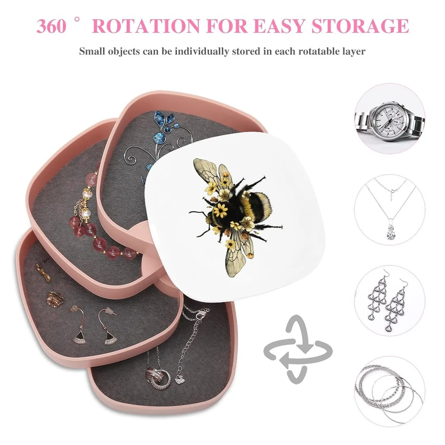 Yellow Fluffy Humblebee with Wings with Yellow Flowers Women Jewelry Box with Mirror, Storage Bag Case for Rings, Necklaces, Bracelets, 360 Degree Rotating 4-layer Tray with Lid