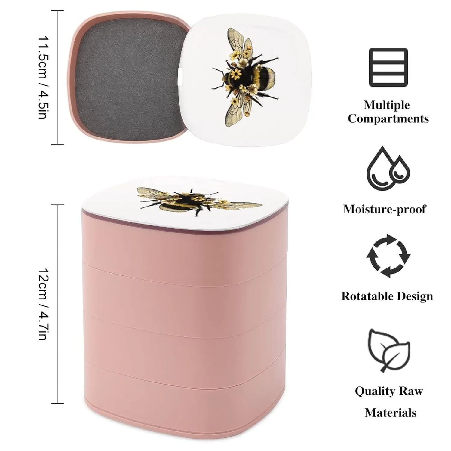 Yellow Fluffy Humblebee with Wings with Yellow Flowers Women Jewelry Box with Mirror, Storage Bag Case for Rings, Necklaces, Bracelets, 360 Degree Rotating 4-layer Tray with Lid