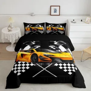Yellow Race Car Comforter Set King Size, Black and White Grid Quilt Set Extreme Sport Games Bedding Comforters 3pcs for Kids Teens Boys Girls Room Decor,Modern Stylish Duvet Set with 2 Pillowcases