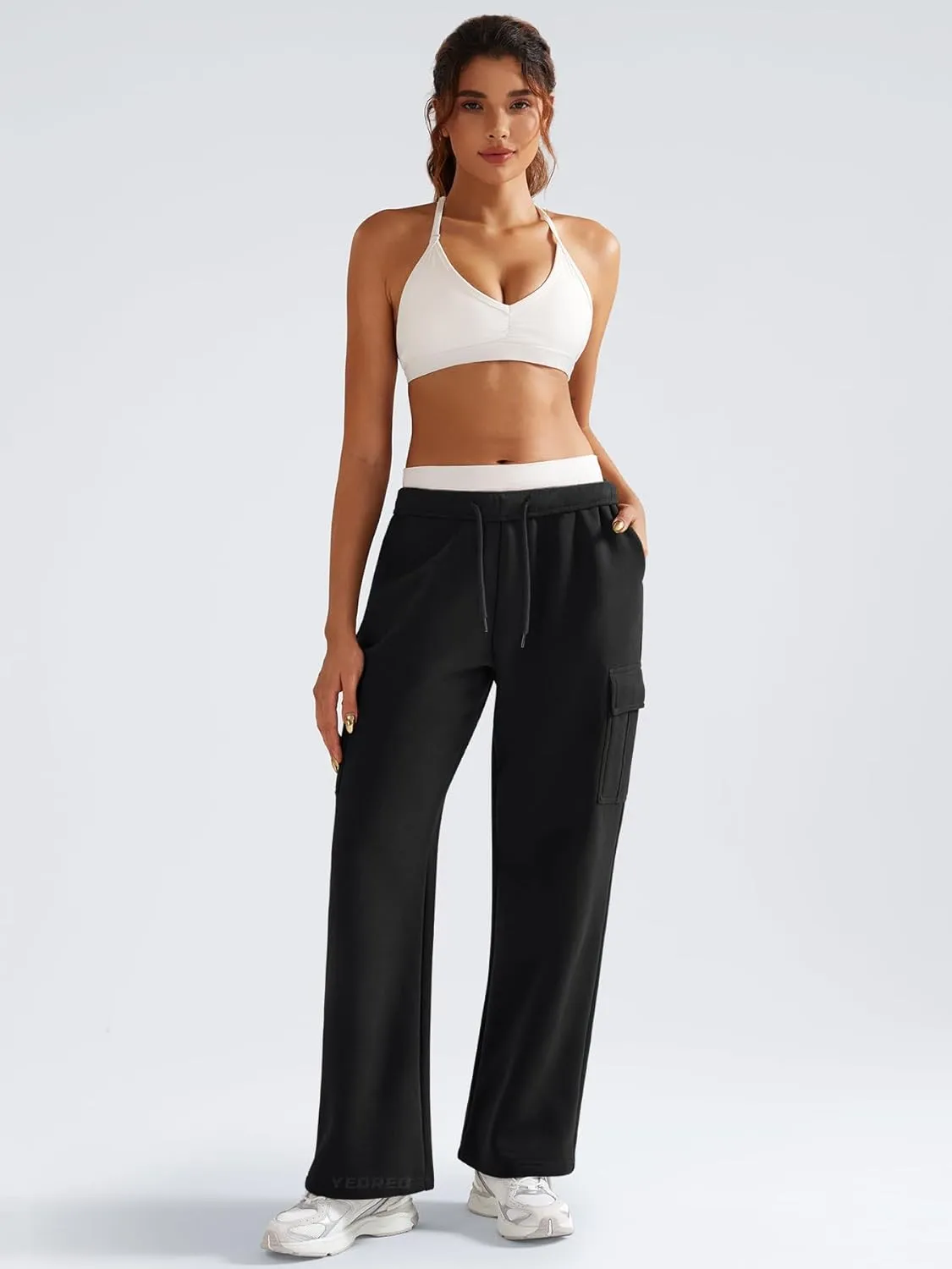YEOREO Sweatpants Womens Cargo Pants Fleece Lined Wide Leg Joggers Baggy Drawstring Nairi Sweat Pants with Pockets