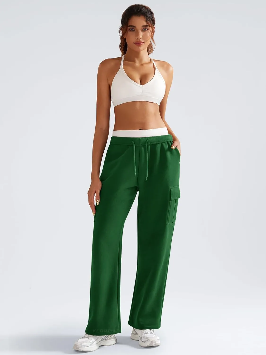 YEOREO Sweatpants Womens Cargo Pants Fleece Lined Wide Leg Joggers Baggy Drawstring Nairi Sweat Pants with Pockets