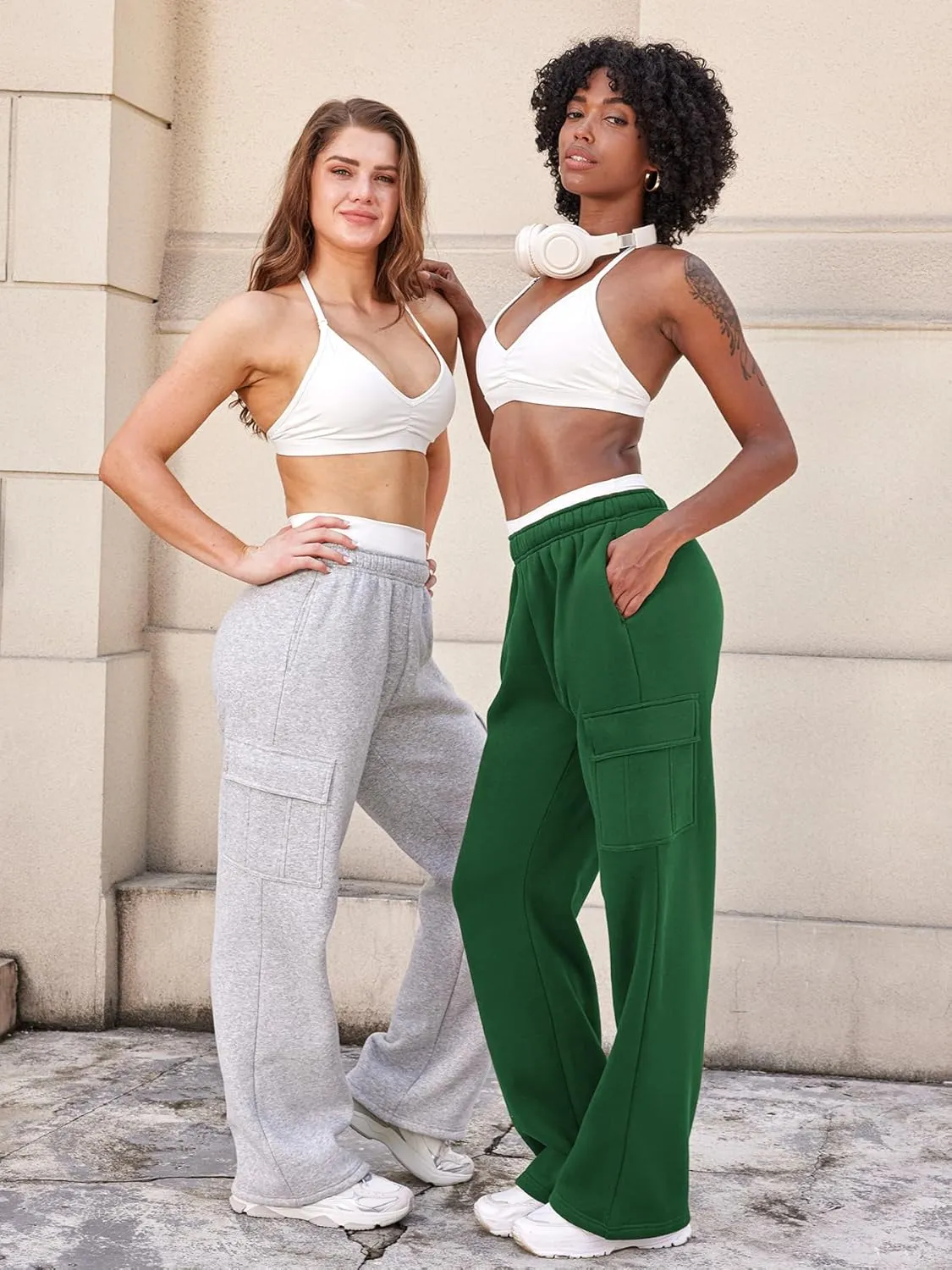 YEOREO Sweatpants Womens Cargo Pants Fleece Lined Wide Leg Joggers Baggy Drawstring Nairi Sweat Pants with Pockets