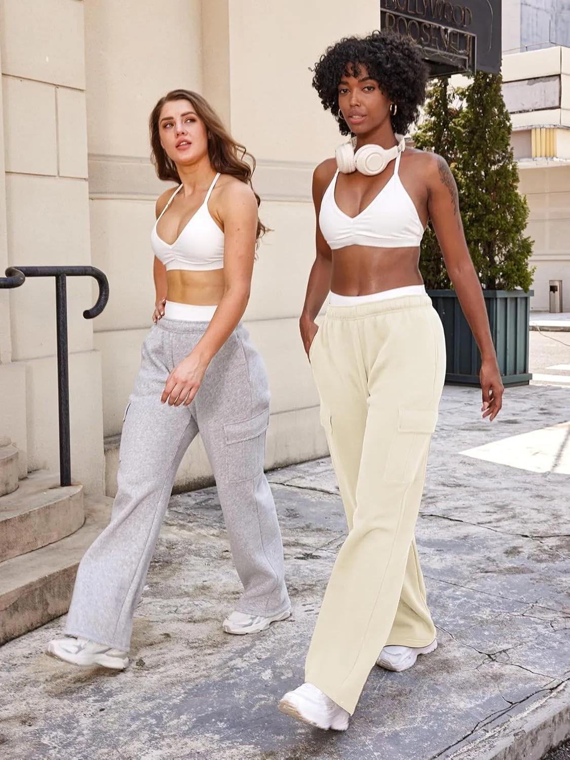YEOREO Sweatpants Womens Cargo Pants Fleece Lined Wide Leg Joggers Baggy Drawstring Nairi Sweat Pants with Pockets