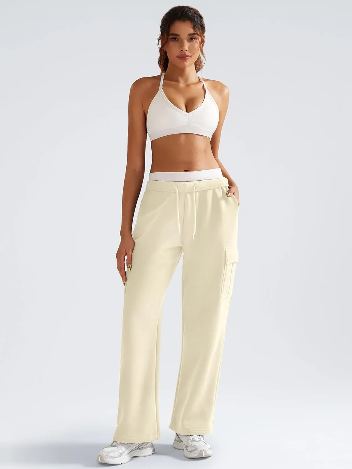 YEOREO Sweatpants Womens Cargo Pants Fleece Lined Wide Leg Joggers Baggy Drawstring Nairi Sweat Pants with Pockets