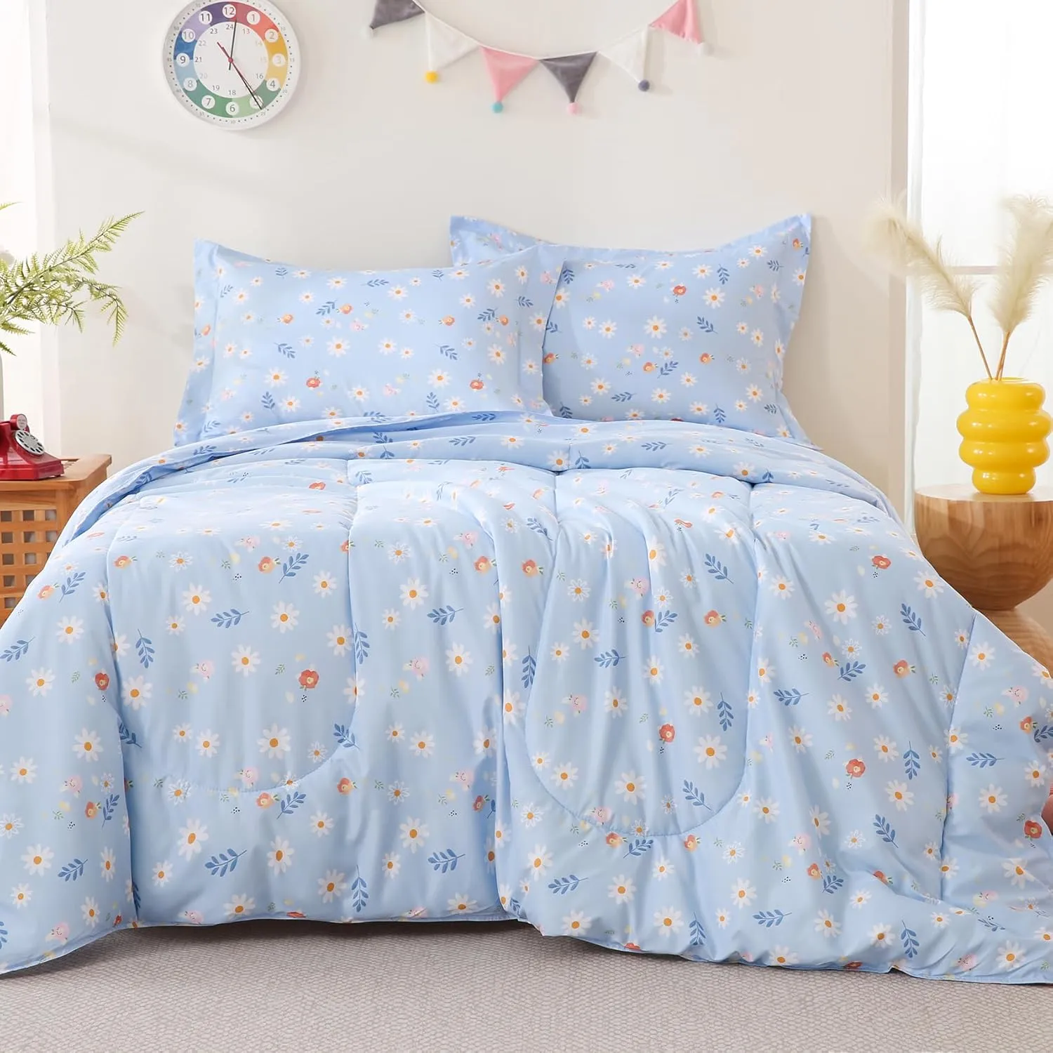 Yibeizi Blue Floral Comforter Set for Girls Full Size, Kids Cute Patterned Bedding Set with Pillow Sham, Lightweight Soft Breathable Machine Washable Quilt Bed Comforter Set 3 Piece