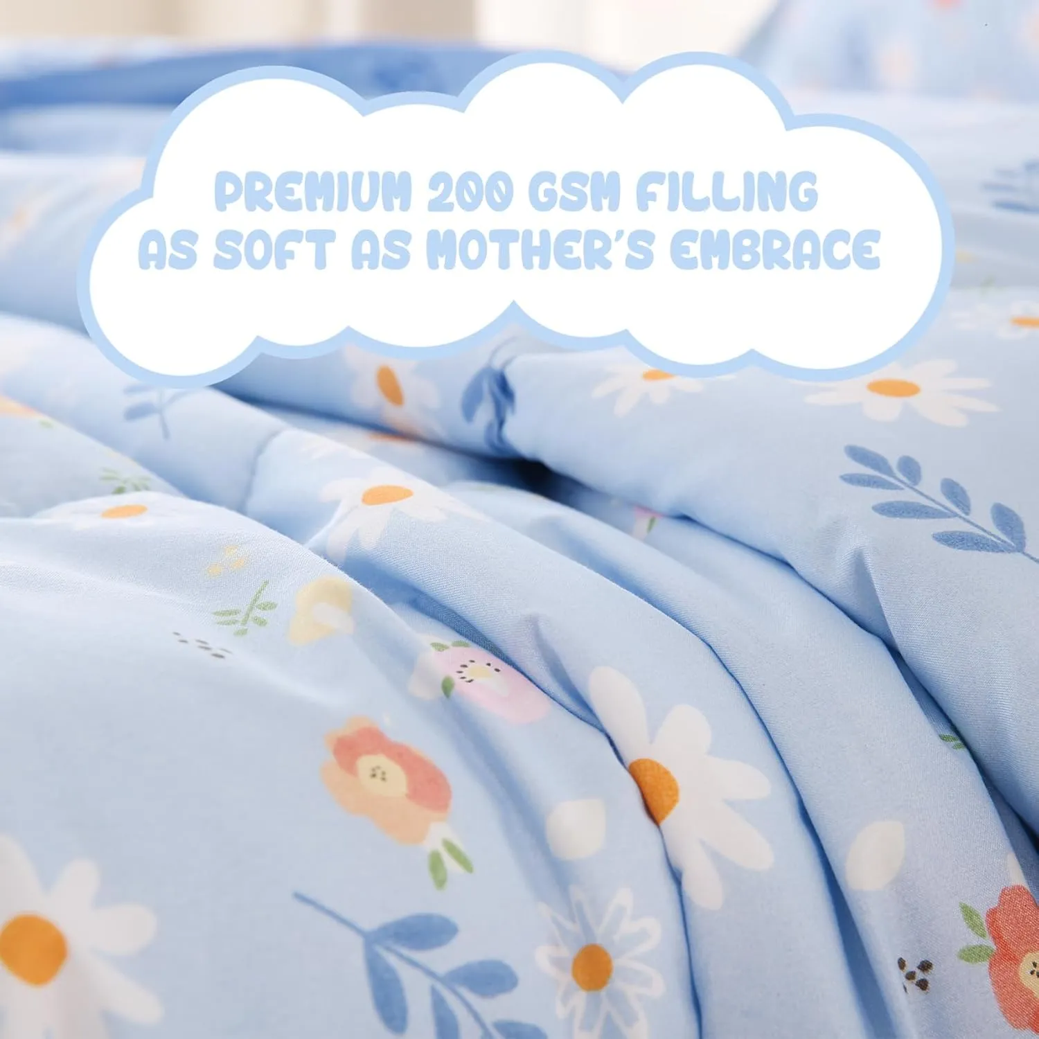 Yibeizi Blue Floral Comforter Set for Girls Full Size, Kids Cute Patterned Bedding Set with Pillow Sham, Lightweight Soft Breathable Machine Washable Quilt Bed Comforter Set 3 Piece