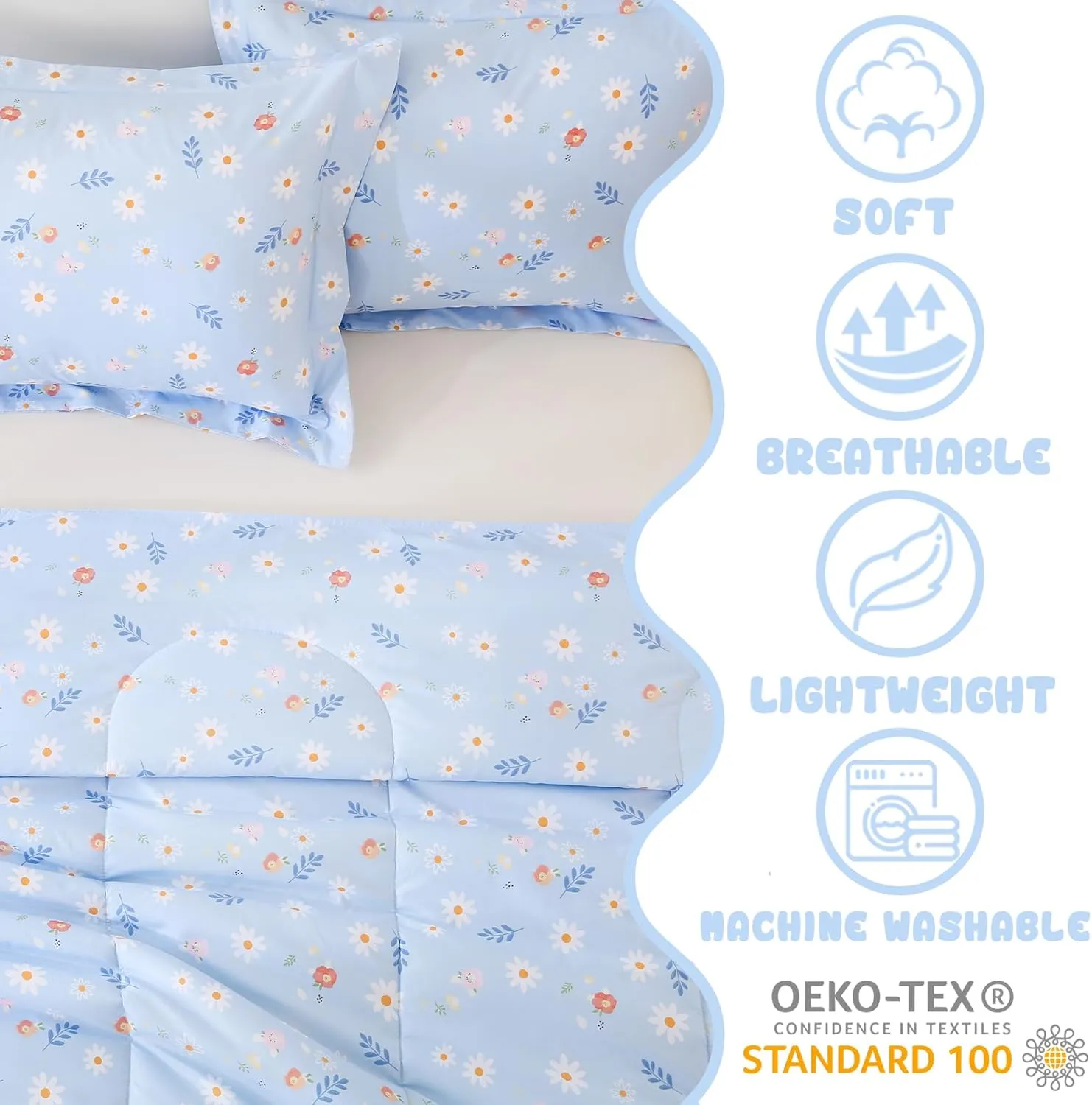 Yibeizi Blue Floral Comforter Set for Girls Full Size, Kids Cute Patterned Bedding Set with Pillow Sham, Lightweight Soft Breathable Machine Washable Quilt Bed Comforter Set 3 Piece