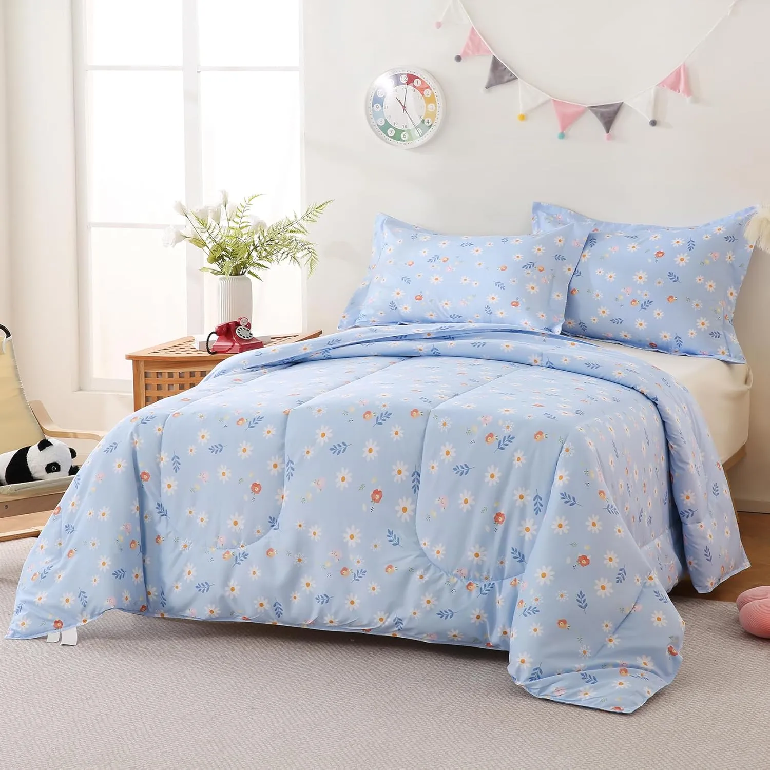 Yibeizi Blue Floral Comforter Set for Girls Full Size, Kids Cute Patterned Bedding Set with Pillow Sham, Lightweight Soft Breathable Machine Washable Quilt Bed Comforter Set 3 Piece