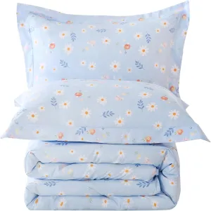 Yibeizi Blue Floral Comforter Set for Girls Full Size, Kids Cute Patterned Bedding Set with Pillow Sham, Lightweight Soft Breathable Machine Washable Quilt Bed Comforter Set 3 Piece