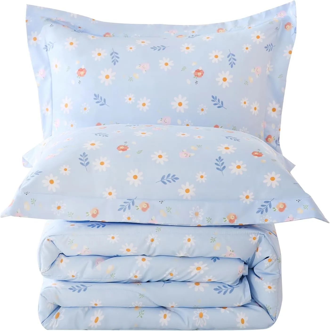 Yibeizi Blue Floral Comforter Set for Girls Full Size, Kids Cute Patterned Bedding Set with Pillow Sham, Lightweight Soft Breathable Machine Washable Quilt Bed Comforter Set 3 Piece
