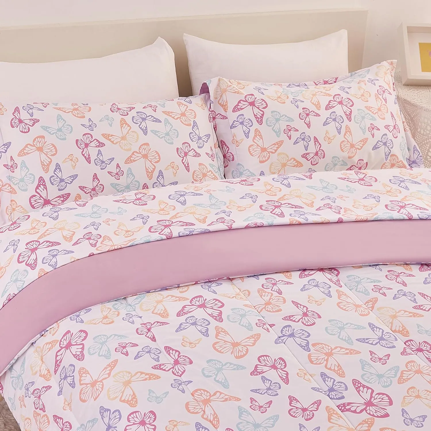 Yibeizi Butterfly Kids Comforter Set for Girls Twin, Cute Quilted Lavender Printed Bedding Set with Pillow Sham, Lightweight Soft Breathable Machine Washable Bed Set 2 Piece