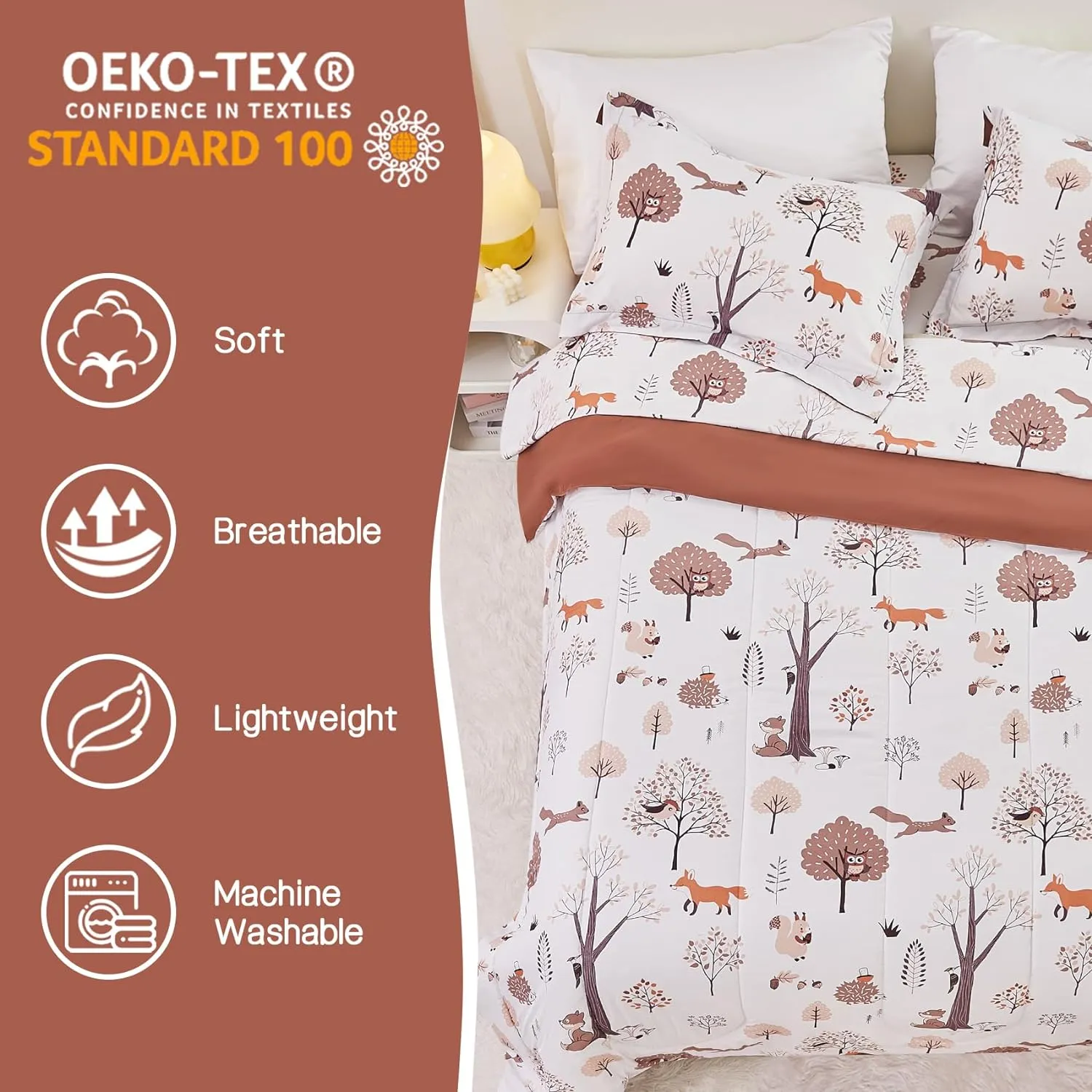 Yibeizi Kids Comforter Set for Boys Girls Full Size, Cute Quilted Woodland Forest Animal Print Fall Bedding with Pillow Sham, Lightweight Soft Breathable Machine Camping Themed Bed Set 3 Piece