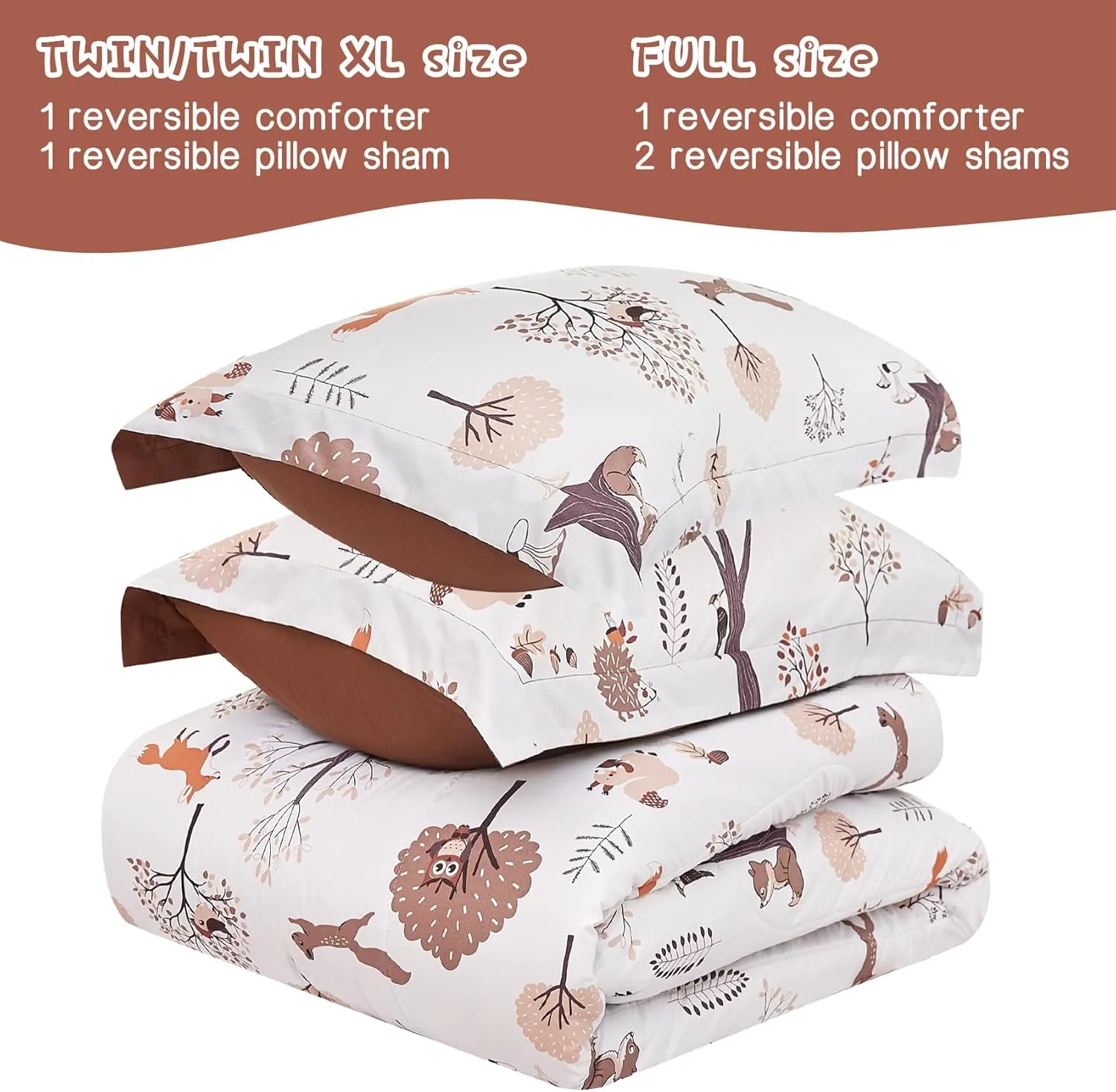 Yibeizi Kids Comforter Set for Boys Girls Full Size, Cute Quilted Woodland Forest Animal Print Fall Bedding with Pillow Sham, Lightweight Soft Breathable Machine Camping Themed Bed Set 3 Piece