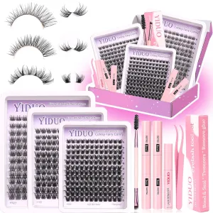 YlDUO Lashes Clusters Kit Gift Packs Natural False Eyelashes Extensions C/D Curl Wispy Individual Fake Eyelash, DIY Fluffy Natural Extension Lash with Glue*2|Tweezers|Removers|Eyelash&Eyebrow Brush