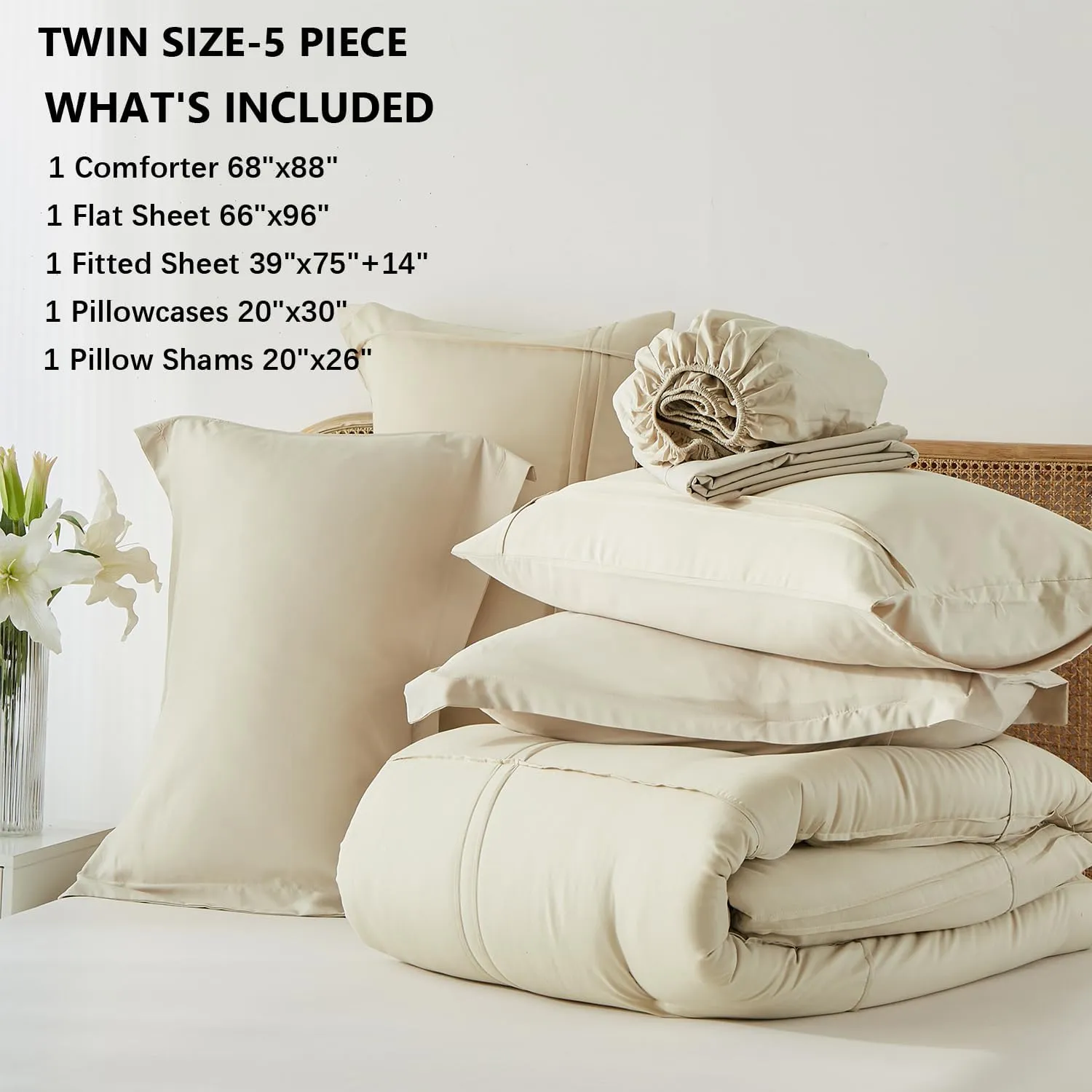 Yogeneg Twin Comforter Set 5 Piece Bed in a Bag,Grid Pinch Pleat Beige Twin Bedding Set,Striped Textured Soft Microfiber Comforter with Sheet Set,All Season Complete Bed Set(Beige,Twin)
