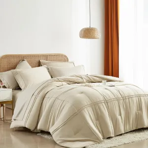 Yogeneg Twin Comforter Set 5 Piece Bed in a Bag,Grid Pinch Pleat Beige Twin Bedding Set,Striped Textured Soft Microfiber Comforter with Sheet Set,All Season Complete Bed Set(Beige,Twin)